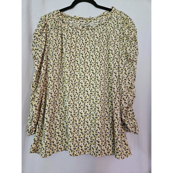 MAX STUDIO Yellow Gray Print Stretch Shirred Sleeve Peasant Top 1X NWOT - Picture 1 of 8